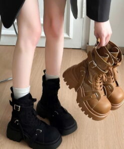 Giày boot nữ, Boot ống chân da PU phối vải dây rút sau phong cách thời trang cá tính thời thượng
